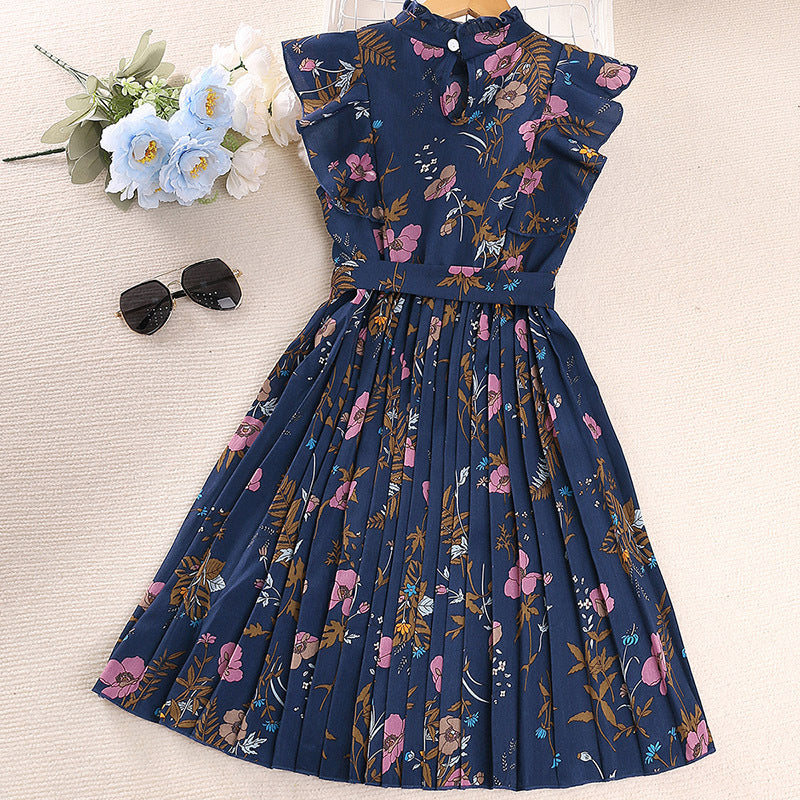 Girls Navy Blue Floral Printed Fit & Flare Dress