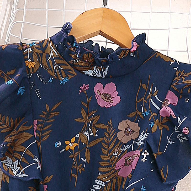 Girls Navy Blue Floral Printed Fit & Flare Dress