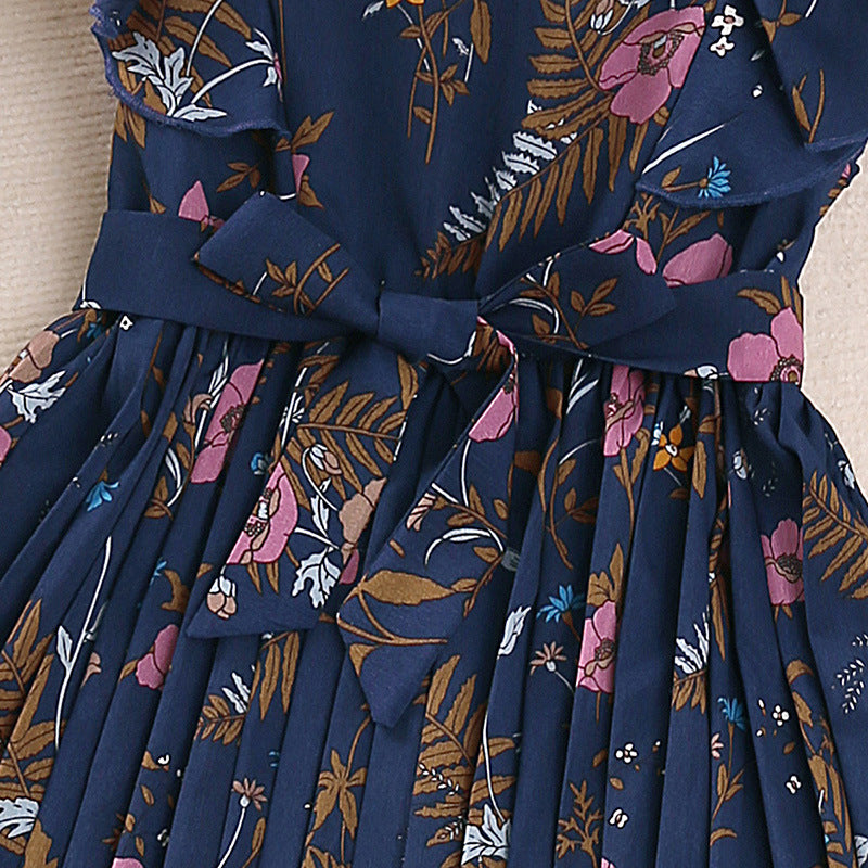 Girls Navy Blue Floral Printed Fit & Flare Dress