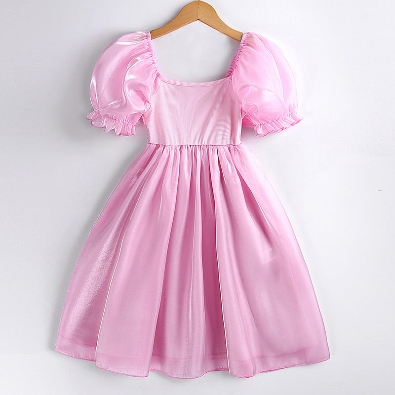 Girls Pink Puff Sleeve Fit & Flare Dress