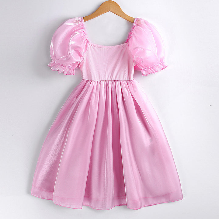 Girls Pink Puff Sleeve Fit & Flare Dress
