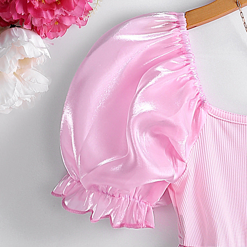 Girls Pink Puff Sleeve Fit & Flare Dress