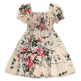 Girls Beige Floral Print Puff Sleeve Layered Fit & Flare Dress