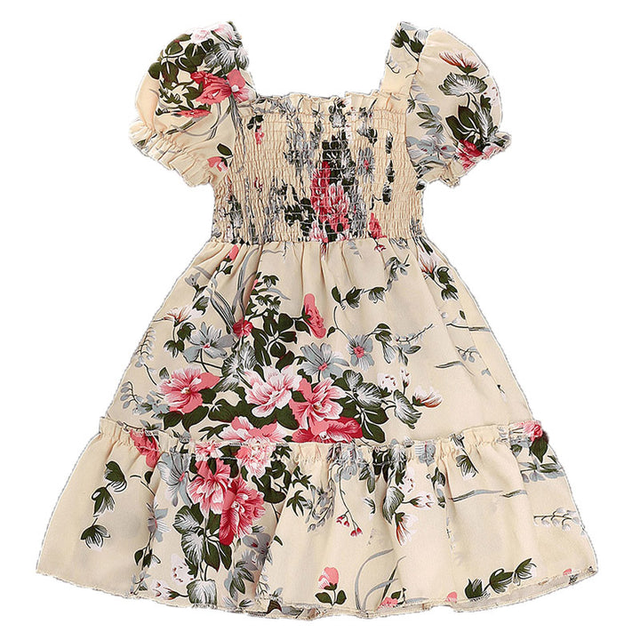 Girls Beige Floral Print Puff Sleeve Layered Fit & Flare Dress