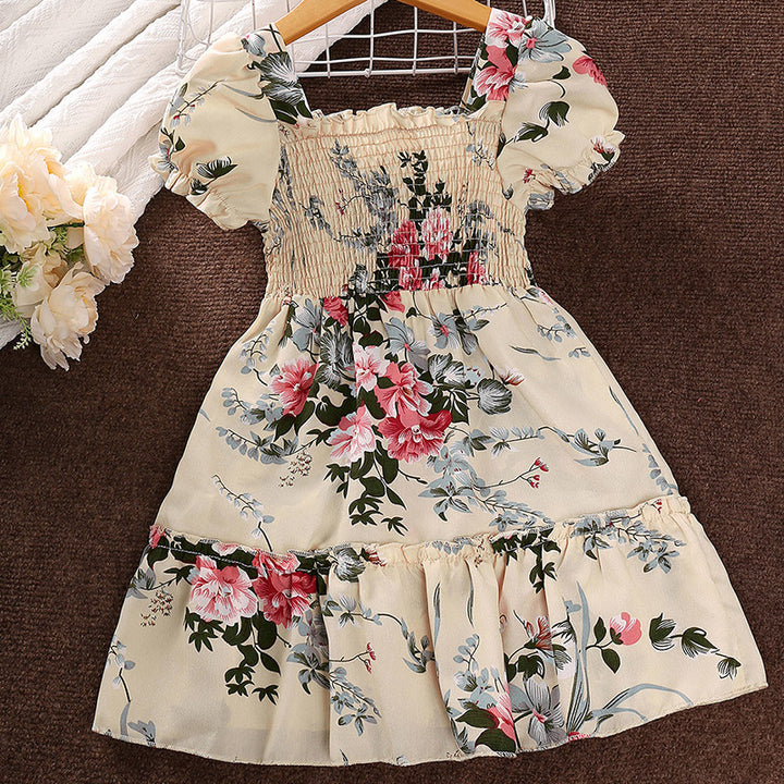 Girls Beige Floral Print Puff Sleeve Layered Fit & Flare Dress
