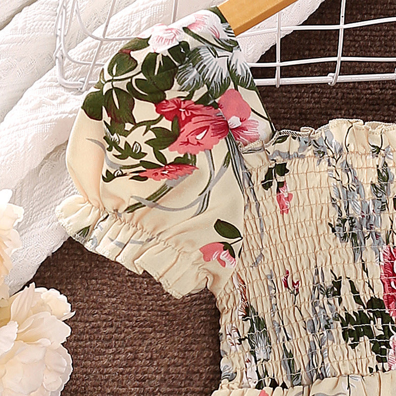 Girls Beige Floral Print Puff Sleeve Layered Fit & Flare Dress