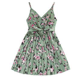 Girls Green Floral Printed Shoulder Straps Fit & Flare Dress