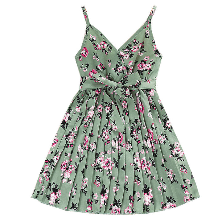 Girls Green Floral Printed Shoulder Straps Fit & Flare Dress