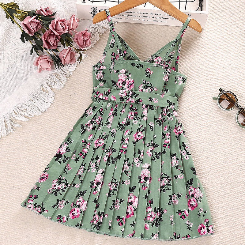 Girls Green Floral Printed Shoulder Straps Fit & Flare Dress