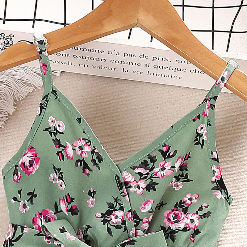 Girls Green Floral Printed Shoulder Straps Fit & Flare Dress