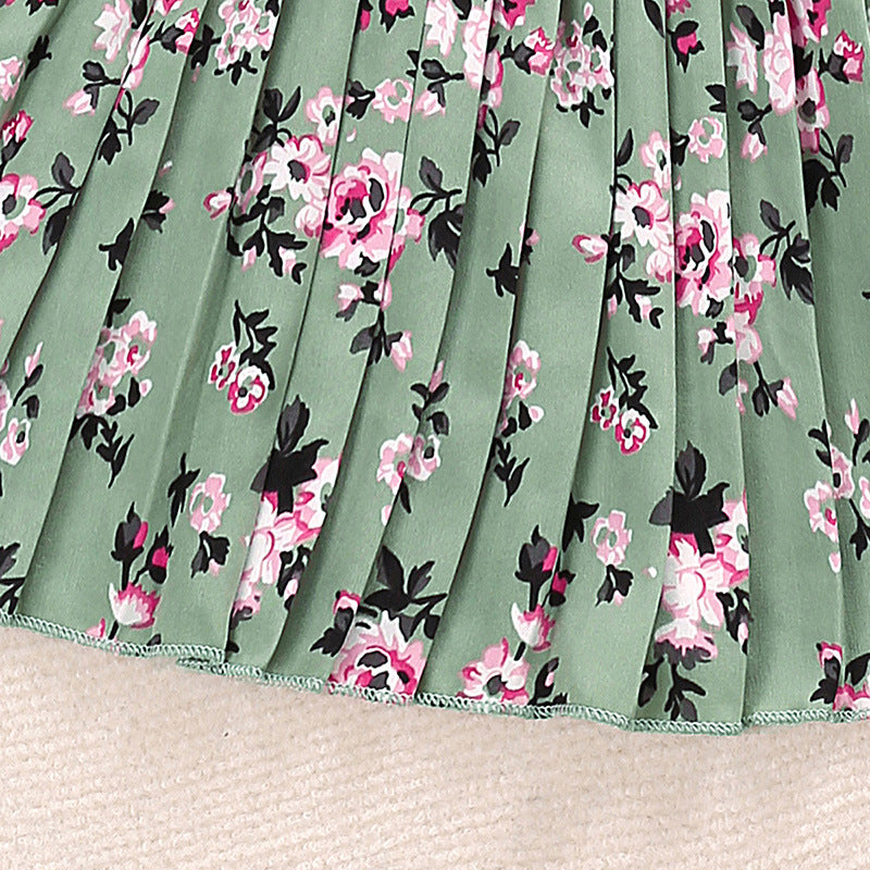Girls Green Floral Printed Shoulder Straps Fit & Flare Dress