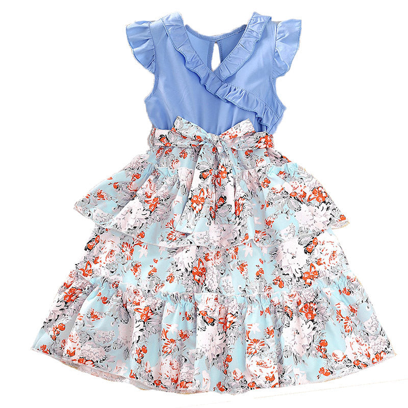 Girls Blue Floral Print Layered Maxi Dress