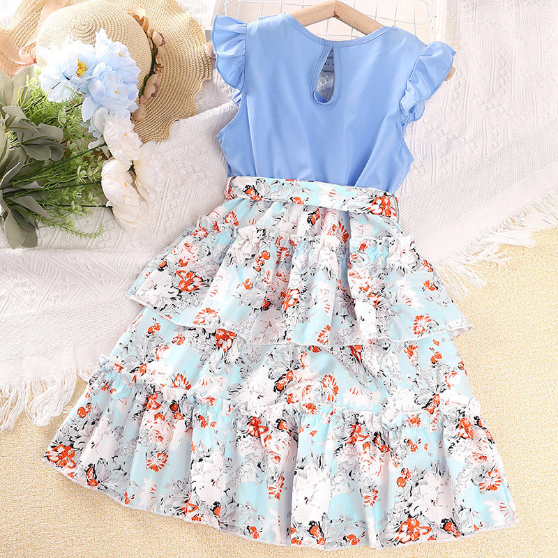 Girls Blue Floral Print Layered Maxi Dress