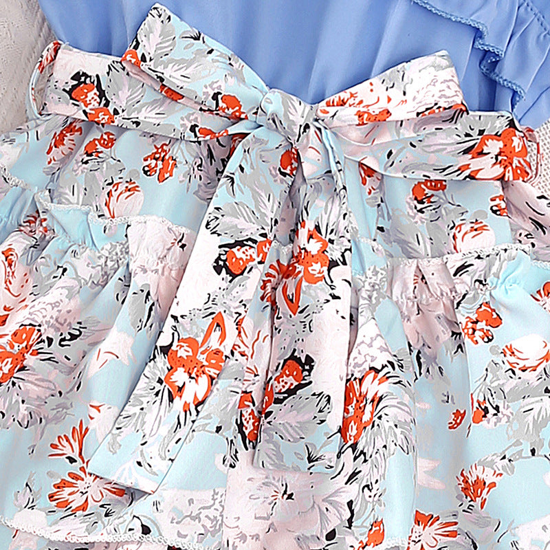 Girls Blue Floral Print Layered Maxi Dress