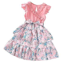 Girls Pink & Blue Floral Printed Layered Fit & Flare Dress