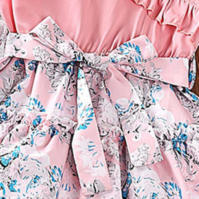 Girls Pink & Blue Floral Printed Layered Fit & Flare Dress