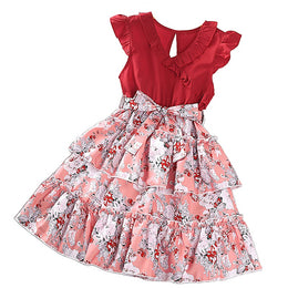 Girls Red & White Floral Printed Layered Fit & Flare Dress