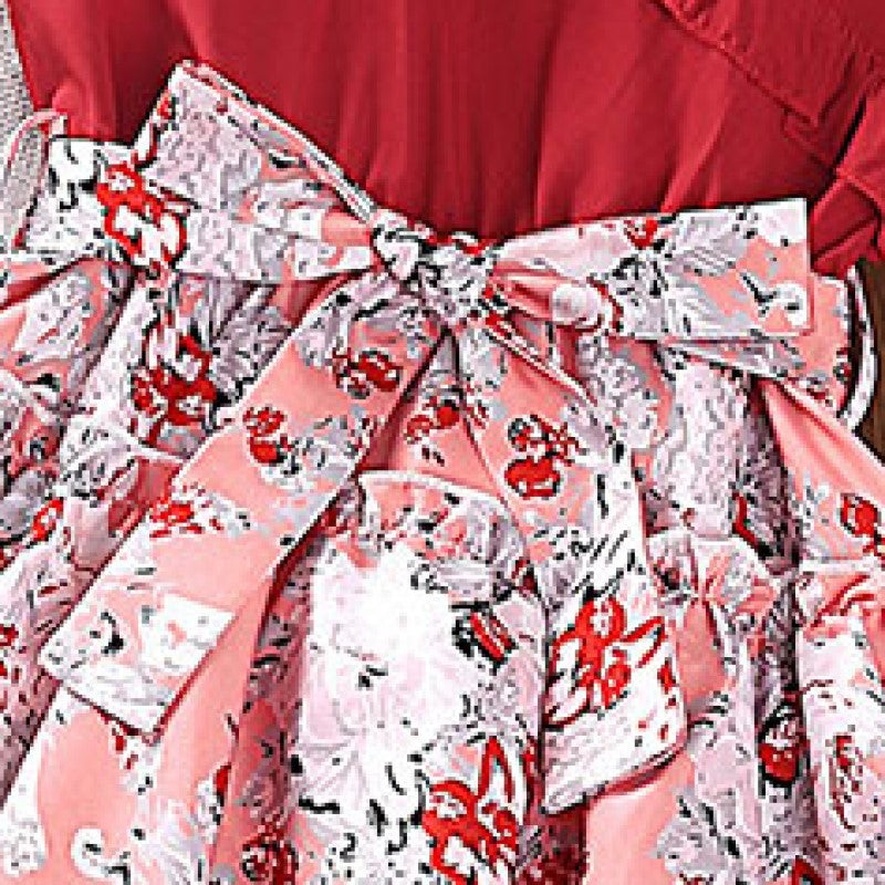 Girls Red & White Floral Printed Layered Fit & Flare Dress