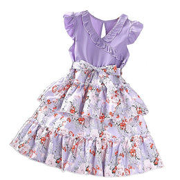 Girls Purple & White Floral Printed Layered Fit & Flare Dress
