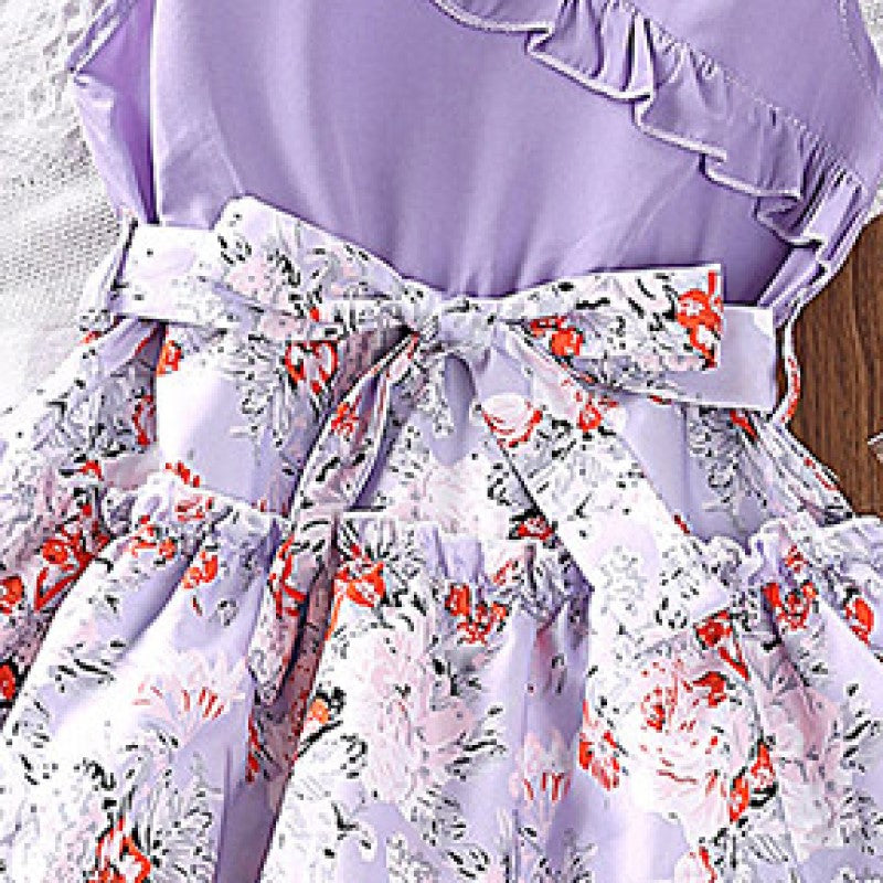 Girls Purple & White Floral Printed Layered Fit & Flare Dress
