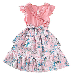 Pink Girls Floral Printed Ruffles & Tiered Detail Fit and Flare Midi Dress