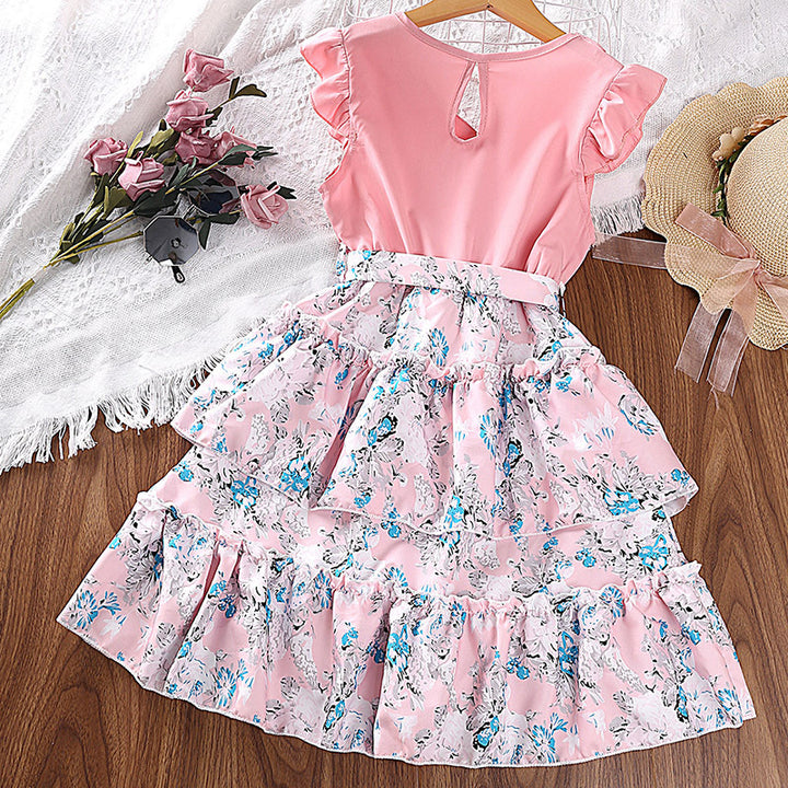 Pink Girls Floral Printed Ruffles & Tiered Detail Fit and Flare Midi Dress