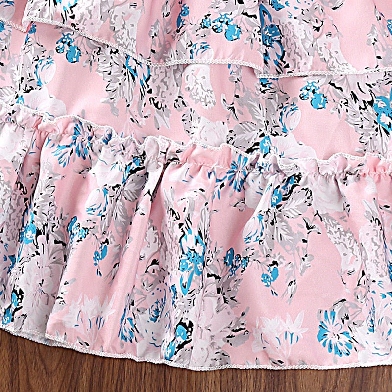 Pink Girls Floral Printed Ruffles & Tiered Detail Fit and Flare Midi Dress