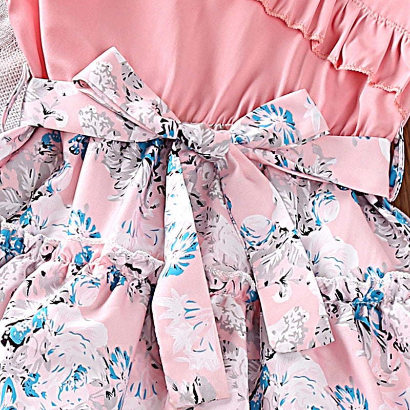 Pink Girls Floral Printed Ruffles & Tiered Detail Fit and Flare Midi Dress