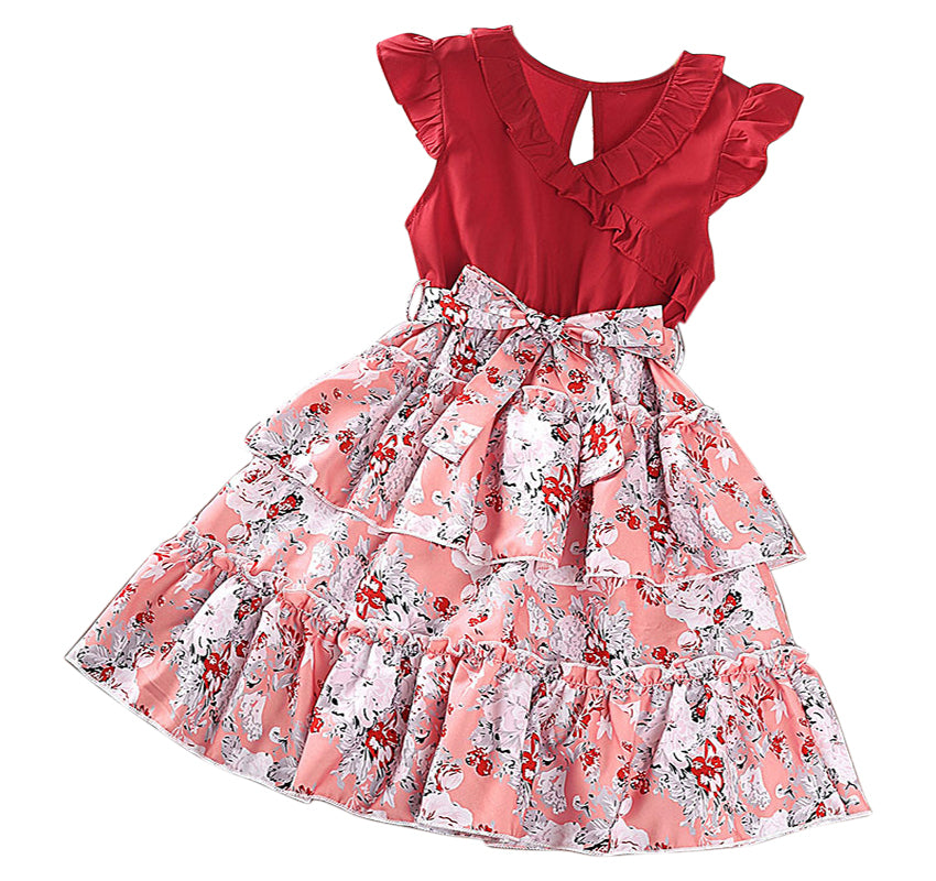 Red Girls Floral Print Layered Fit & Flare Dress