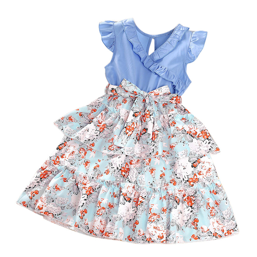 Girls Blue Floral Printed A-Line Dress