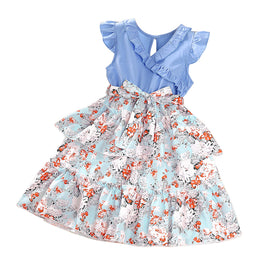 Girls Blue Floral Printed A-Line Dress