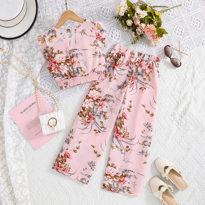 Girls Pink Floral Printed Top with Palazzos