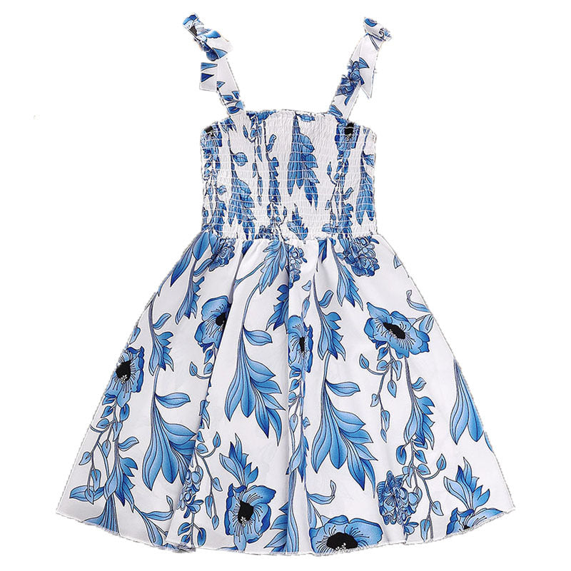 Girls White Floral Print Smocked Fit & Flare Dress