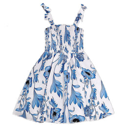 Girls White Floral Print Smocked Fit & Flare Dress