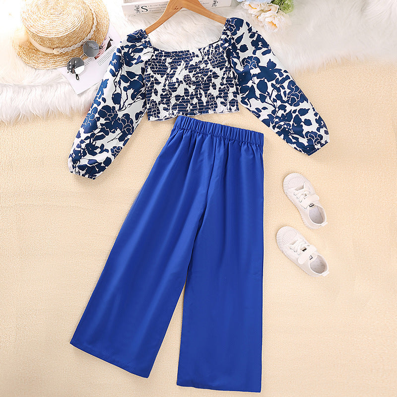 Girls Blue Printed Square Neck Top with Palazzos