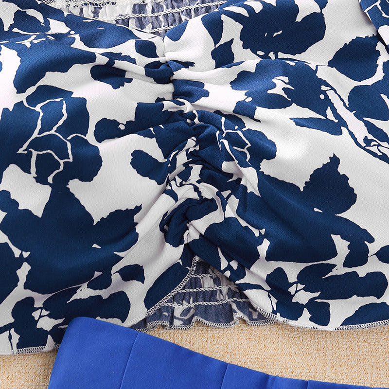 Girls Blue Printed Square Neck Top with Palazzos