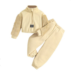 Girls Beige High Neck Top with Trousers