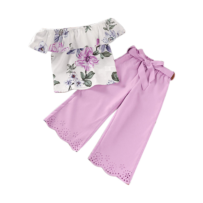 Girls Purple & White Floral Printed Off Shoulder Top with Palazzos