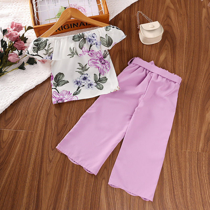 Girls Purple & White Floral Printed Off Shoulder Top with Palazzos