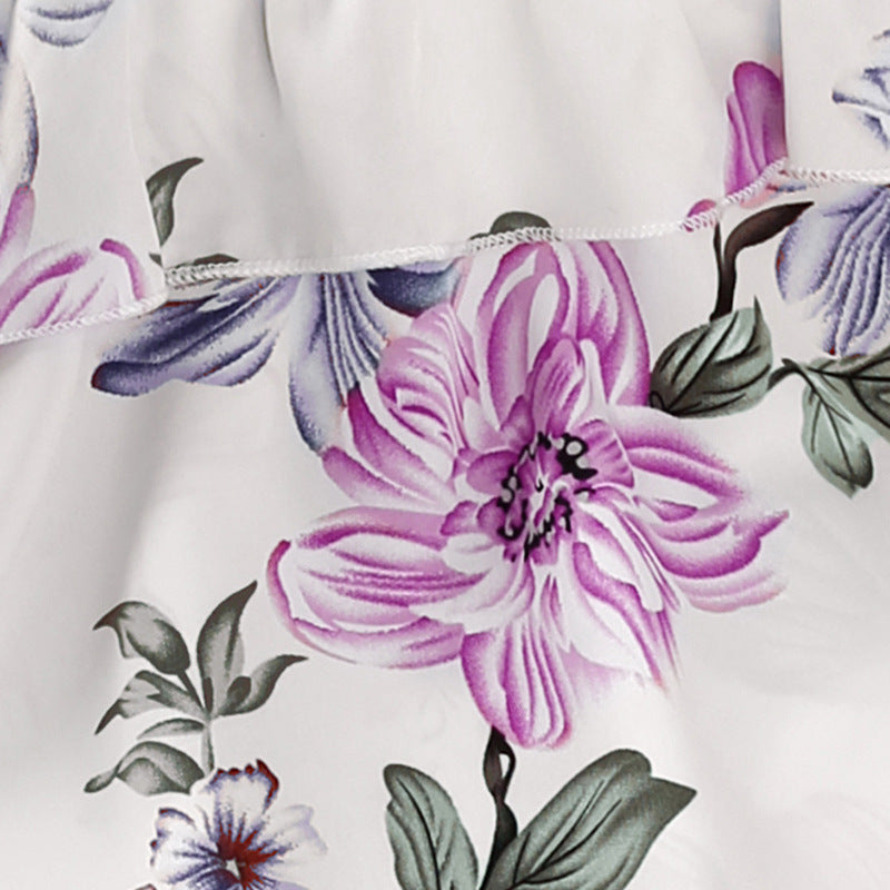 Girls Purple & White Floral Printed Off Shoulder Top with Palazzos