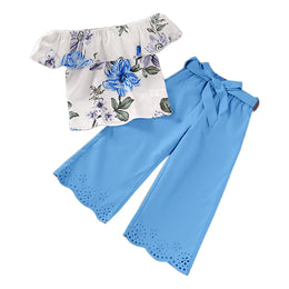 Girls Blue & White Printed Top with Palazzos