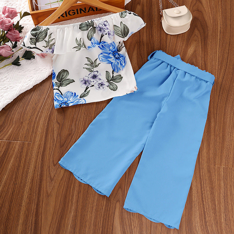 Girls Blue & White Printed Top with Palazzos
