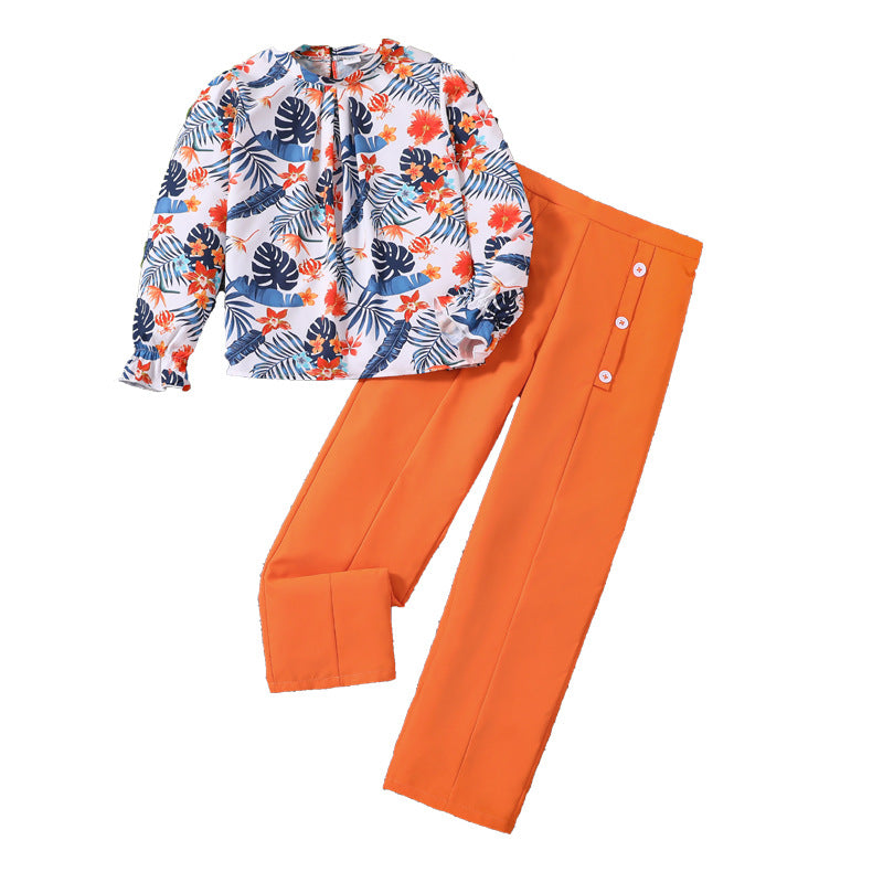 Girls Orange & White Printed Top with Trousers