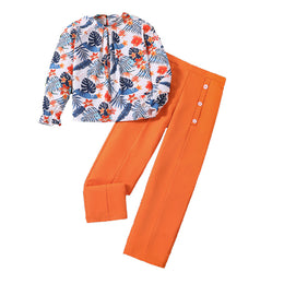 Girls Orange & White Printed Top with Trousers