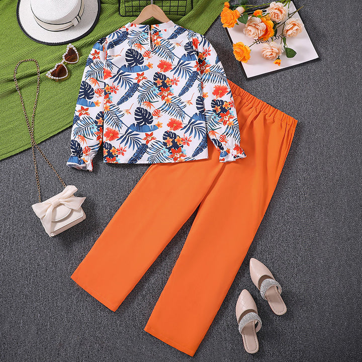 Girls Orange & White Printed Top with Trousers