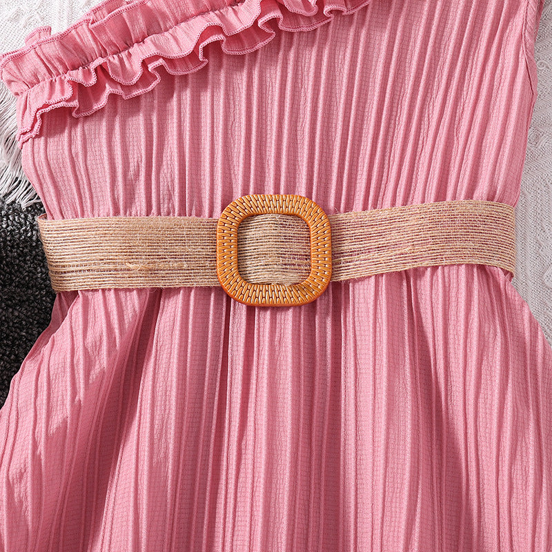 Pink Striped Ruffled Fit & Flare Dress