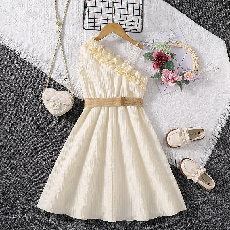 One Shoulder Ruffled Maxi Dress with Belt