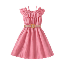 Girls Pink Striped Ruffled Fit & Flare Dress