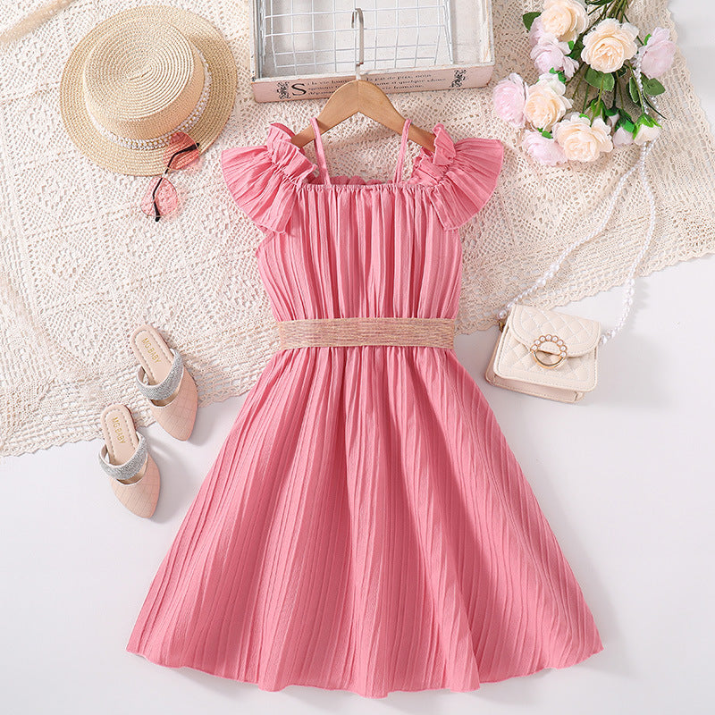 Girls Pink Striped Ruffled Fit & Flare Dress