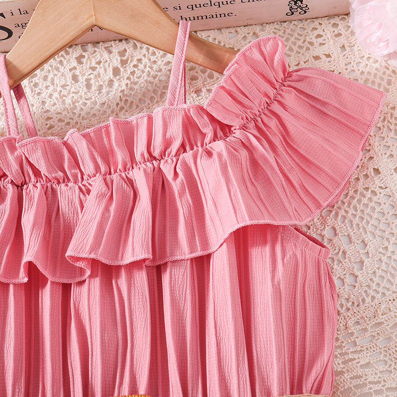 Girls Pink Striped Ruffled Fit & Flare Dress